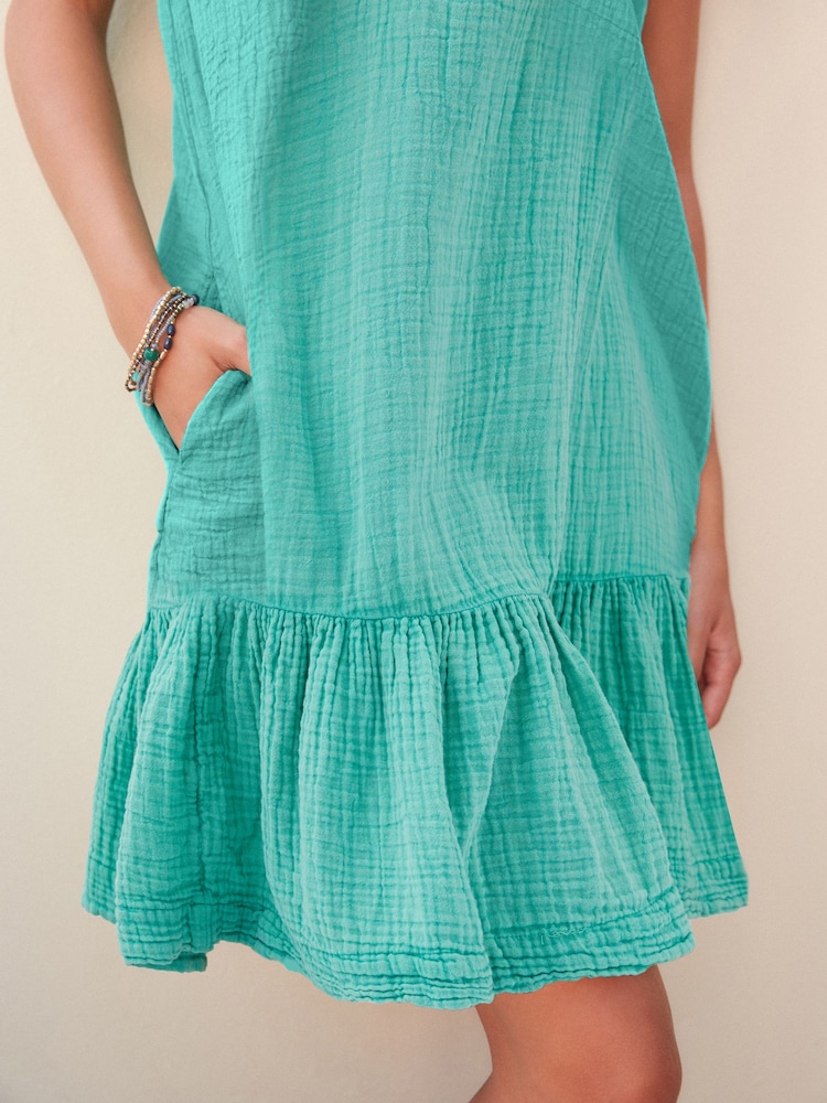 Teal Blue Textured Tie Back Ruffle Sleeve Summer Dress - Image 4 of 4