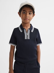 Reiss Navy Regency Junior Half Zip Striped T-Shirt - Image 1 of 7