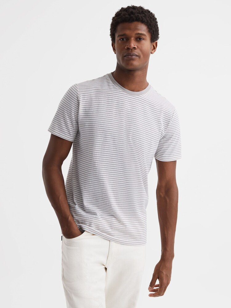 Reiss Oatmeal/White Keats Striped Crew Neck T-Shirt - Image 1 of 5 Reiss Oatmeal/White Keats Striped Crew Neck T-Shirt - Image 1 of 5