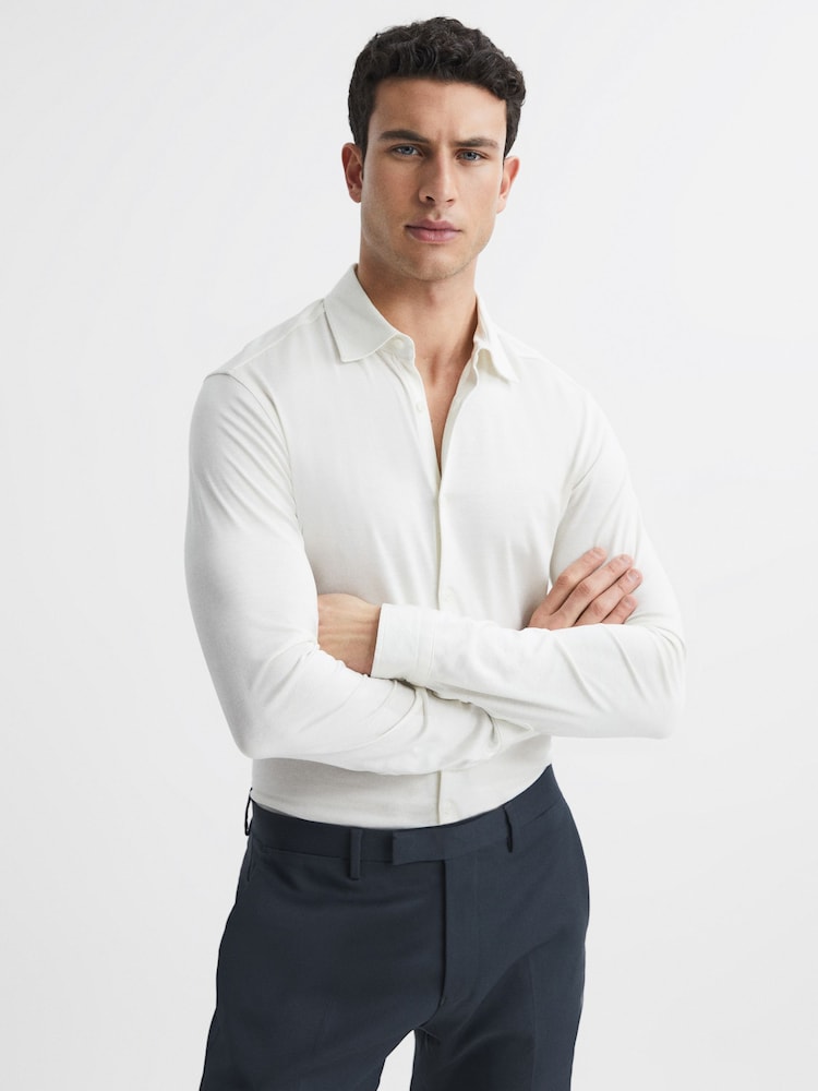 Reiss Ecru King Mercerised Cotton Button-Through Shirt - Image 1 of 6