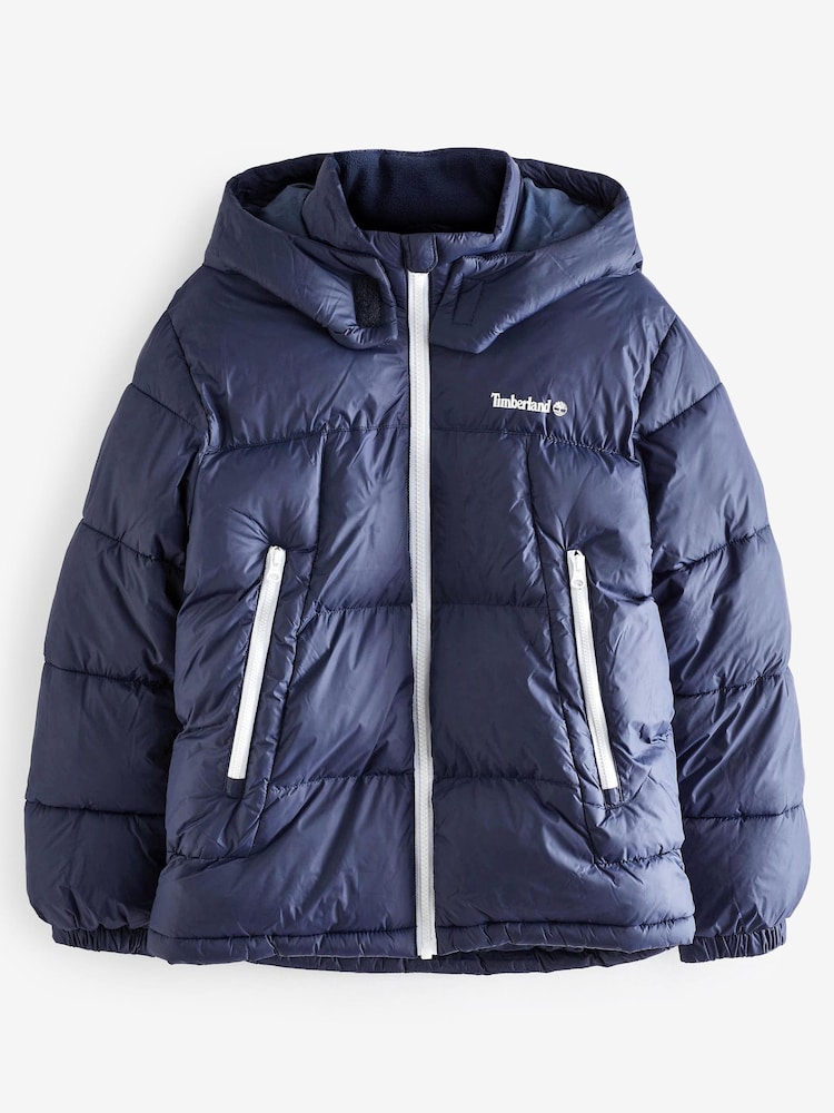 Timberland Navy Logo Hooded Puffer Coat - Image 1 of 1 Timberland Navy Logo Hooded Puffer Coat - Image 1 of 1