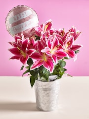 Pink Oriental Lily and Birthday Balloon Real Plant Gift Bag - Image 1 of 4