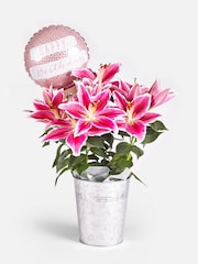 Pink Oriental Lily and Birthday Balloon Real Plant Gift Bag - Image 3 of 4