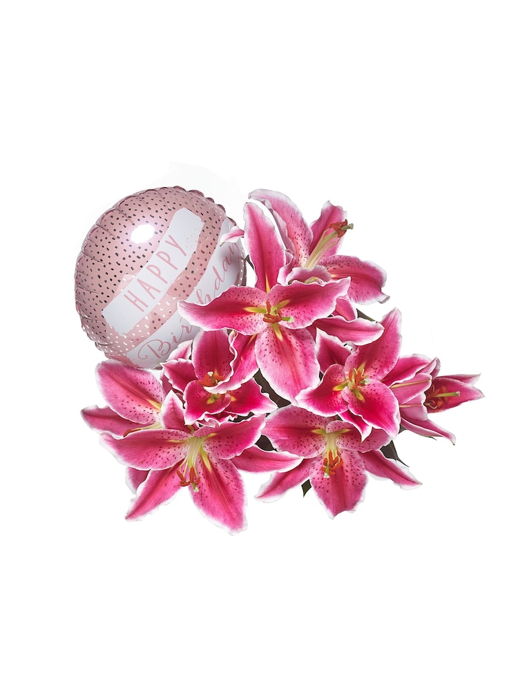 Pink Oriental Lily and Birthday Balloon Real Plant Gift Bag - Image 4 of 4
