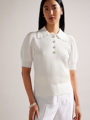 Ted Baker Reannia White Polo Knit Top With Diamante Buttons - Image 1 of 5