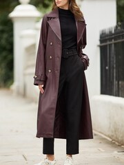Berry Red Faux Leather Trench Coat - Image 2 of 7