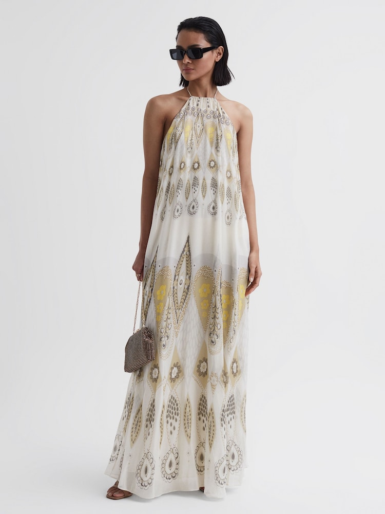 Reiss Yellow Liza Printed Halter Neck Maxi Dress - Image 1 of 4