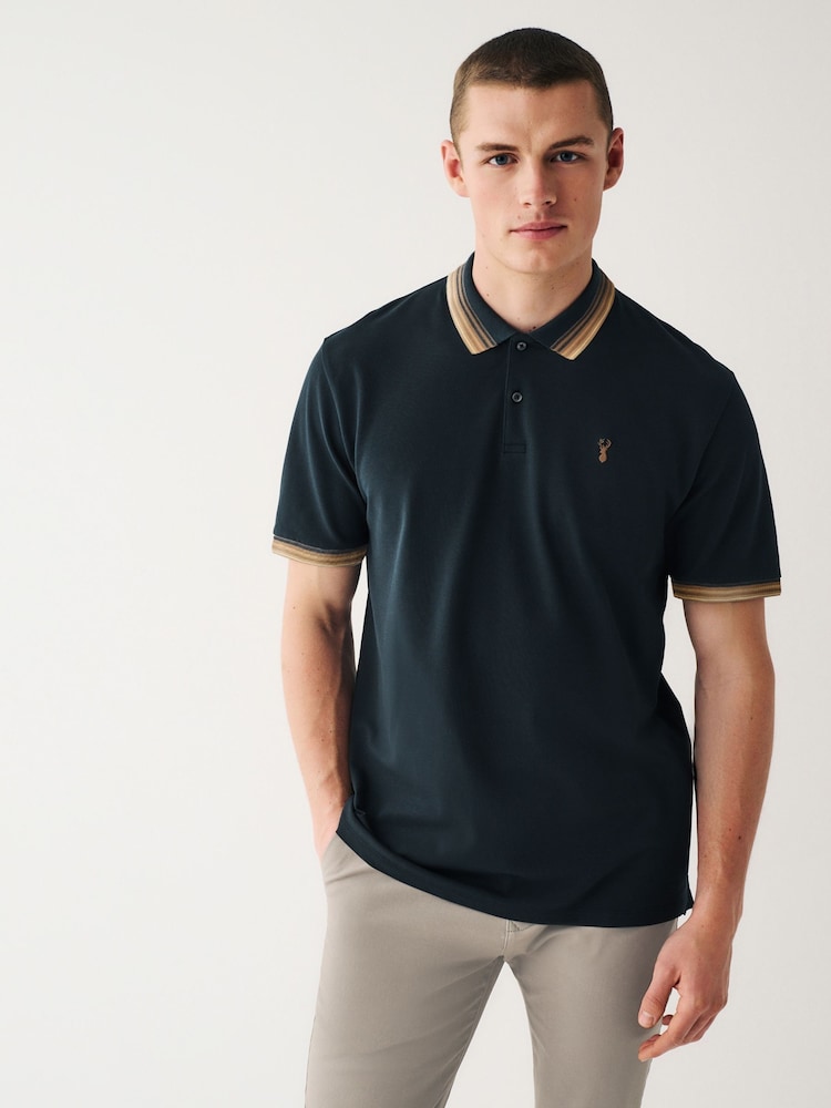Navy Blue/Tan Brown Regular Fit Short Sleeve Tipped Polo Shirt - Image 3 of 8