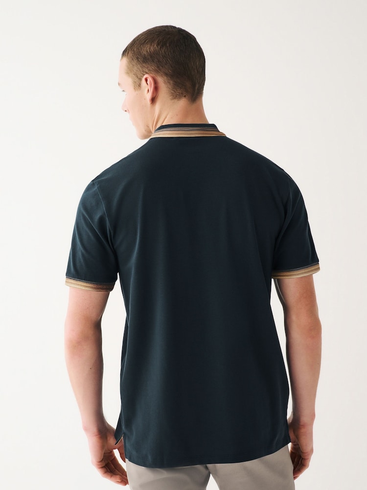Navy Blue/Tan Brown Regular Fit Short Sleeve Tipped Polo Shirt - Image 4 of 8