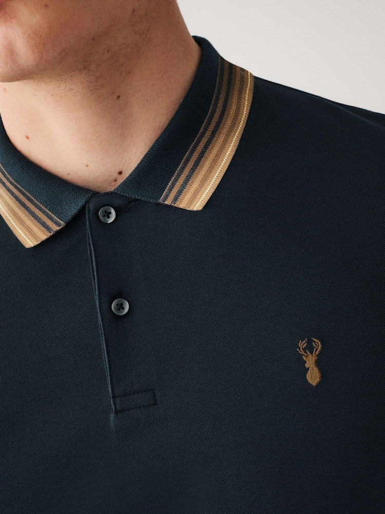 Navy Blue/Tan Brown Regular Fit Short Sleeve Tipped Polo Shirt - Image 5 of 8