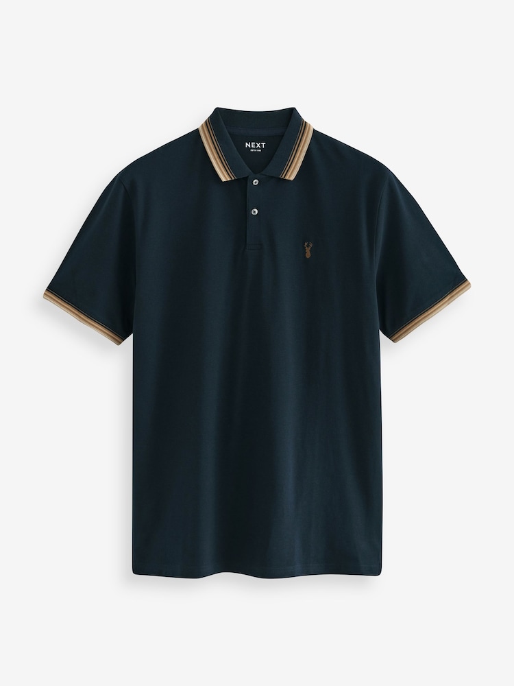 Navy Blue/Tan Brown Regular Fit Short Sleeve Tipped Polo Shirt - Image 6 of 8