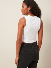 White Ribbed Shorter length Sleeveless Racer Vest Tank Top - Image 2 of 4