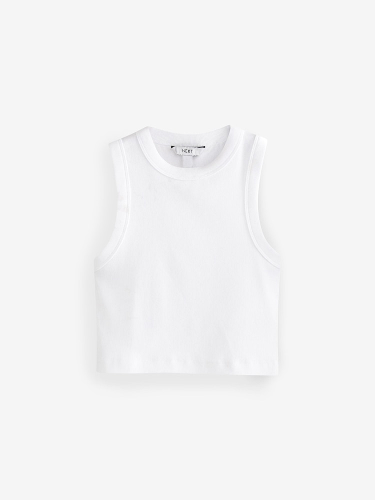 White Ribbed Shorter length Sleeveless Racer Vest Tank Top - Image 4 of 4
