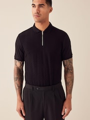 Black Vertical Textured Polo Shirt - Image 2 of 5