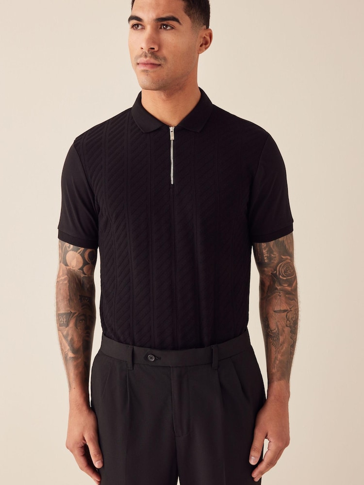 Black Vertical Textured Polo Shirt - Image 2 of 5