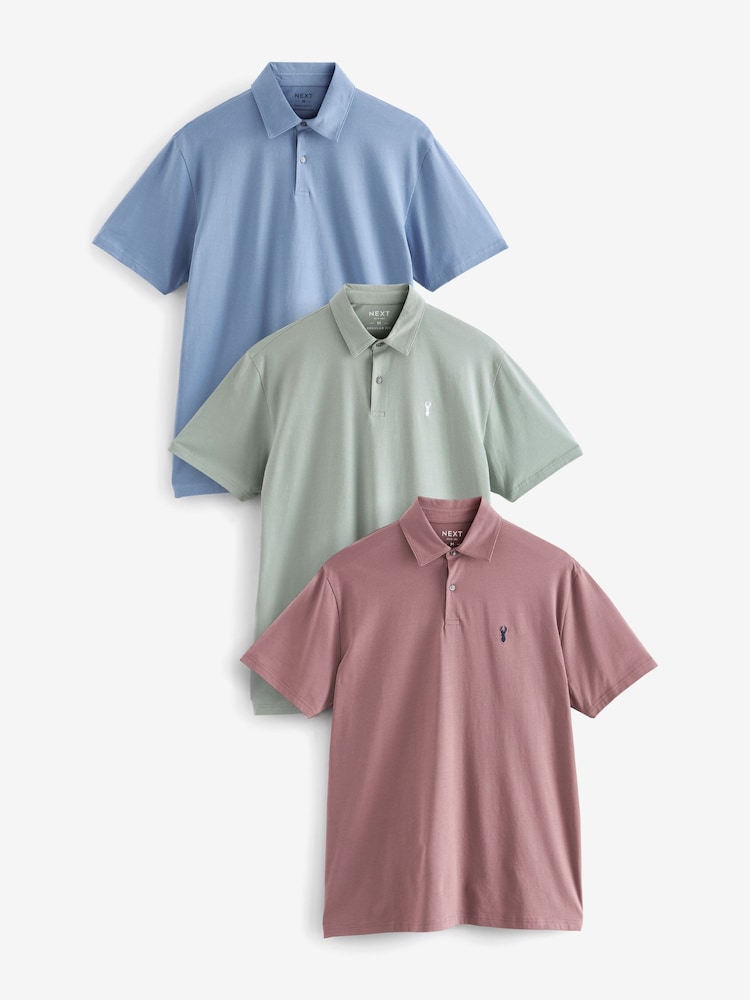 Blue/Pink/Green Pastel Regular Fit Short Sleeve Jersey Polo Shirts 3 Pack - Image 1 of 6