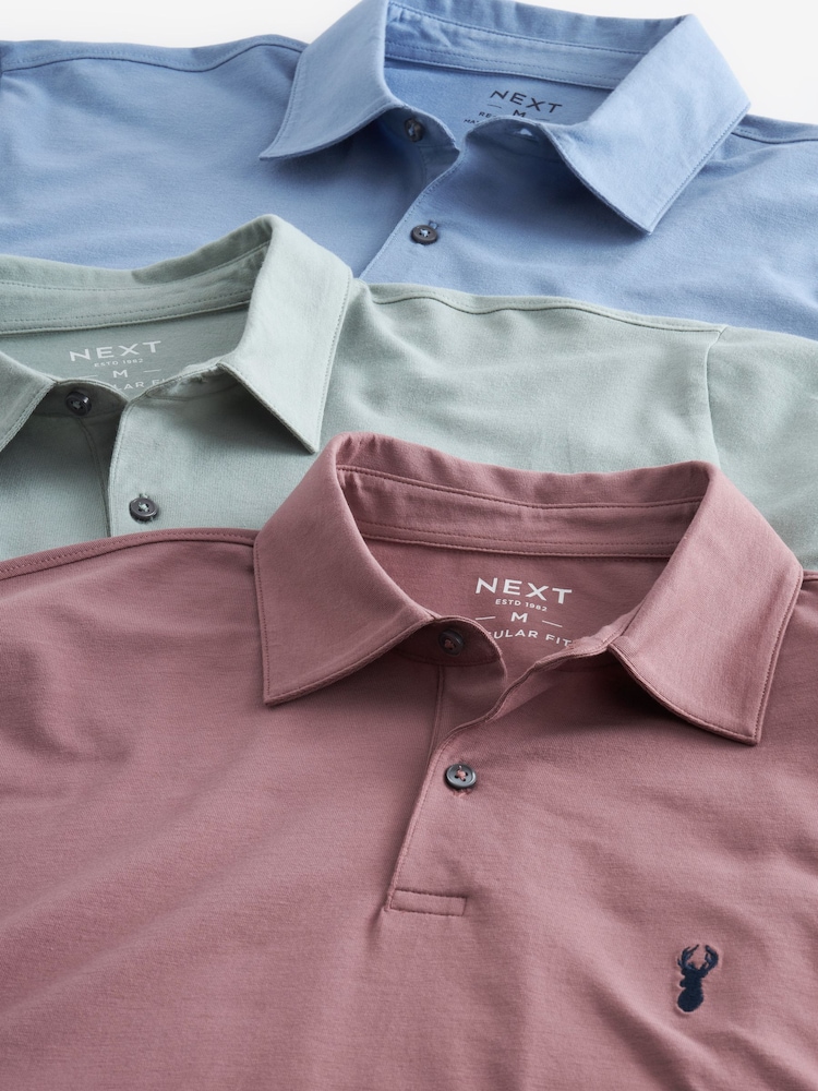 Blue/Pink/Green Pastel Regular Fit Short Sleeve Jersey Polo Shirts 3 Pack - Image 5 of 6