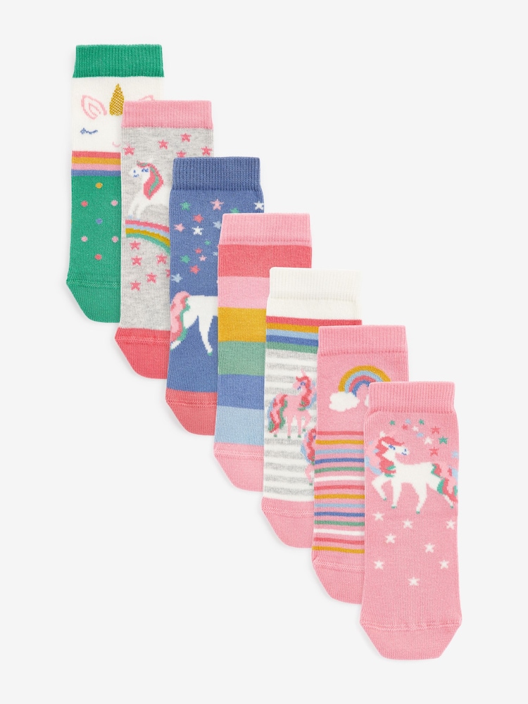 Pink 7 Pack Unicorn Cotton Rich Ankle Socks - Image 1 of 8