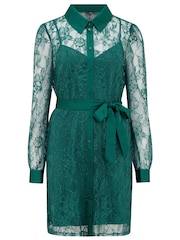 Pour Moi Green Clara Long Sleeve Lace Shirt Dress - Image 3 of 4