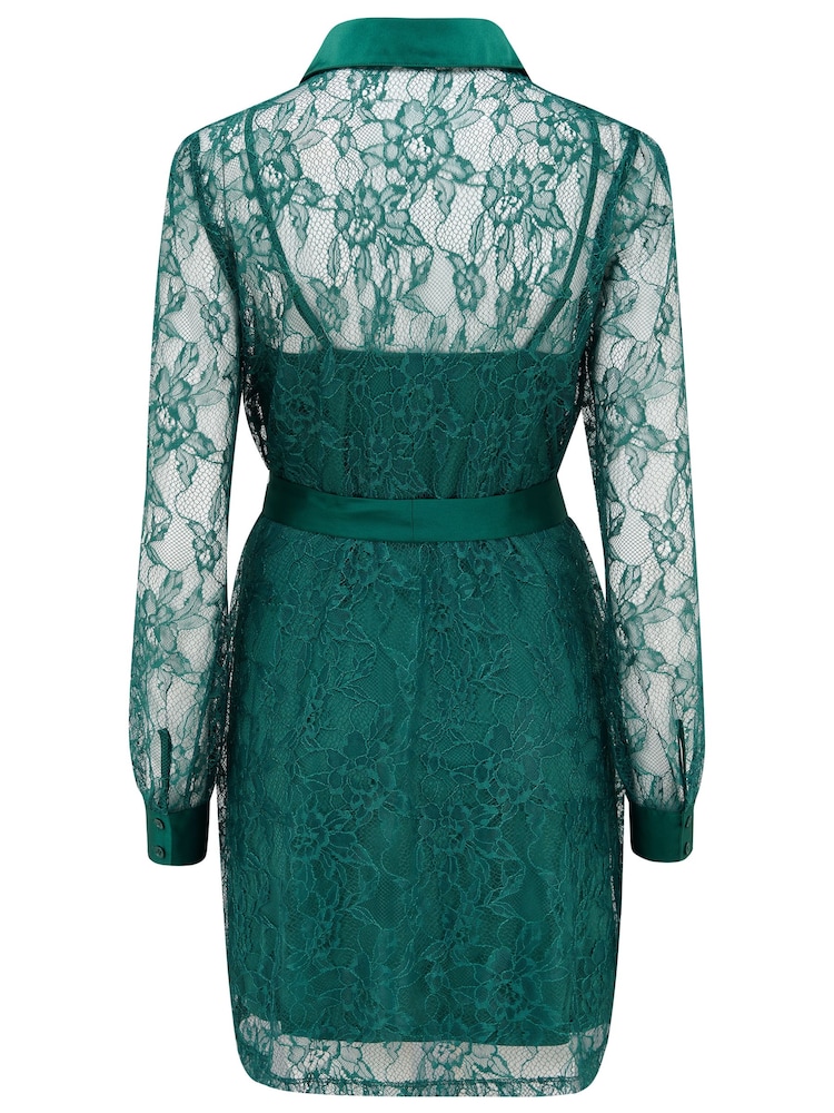 Pour Moi Green Clara Long Sleeve Lace Shirt Dress - Image 4 of 4