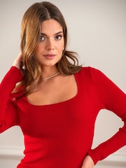 Pour Moi Red Sasha Ecovero Rib Knit Square Neck Mini Dress - Image 3 of 5