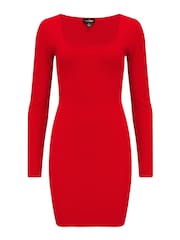 Pour Moi Red Sasha Ecovero Rib Knit Square Neck Mini Dress - Image 4 of 5