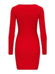 Pour Moi Red Sasha Ecovero Rib Knit Square Neck Mini Dress - Image 5 of 5