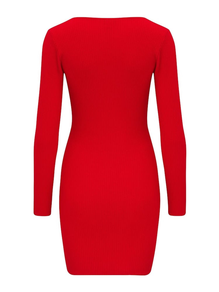 Pour Moi Red Sasha Ecovero Rib Knit Square Neck Mini Dress - Image 5 of 5