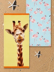 Catherine Lansfield 2 Pack Natural Flamingo Giraffe 100% Cotton Beach Towels - Image 1 of 2