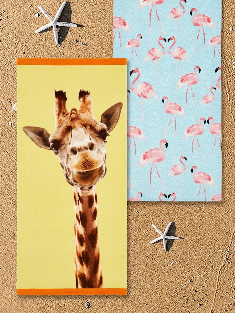 Catherine Lansfield 2 Pack Natural Flamingo Giraffe 100% Cotton Beach Towels - Image 1 of 2
