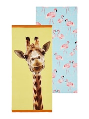 Catherine Lansfield 2 Pack Natural Flamingo Giraffe 100% Cotton Beach Towels - Image 2 of 2