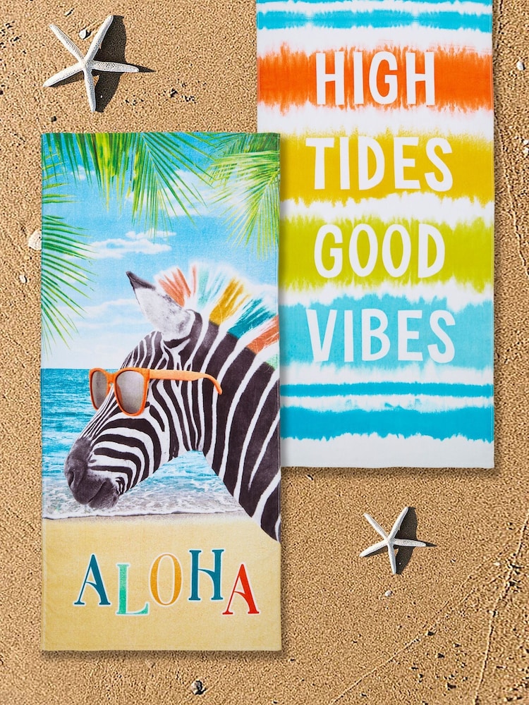 Catherine Lansfield, Vibes Aloha Zebra, Strandtücher im 2er-Pack in Knüpfbatik, 100 % Baumwolle - Bild 1 von 2 Catherine Lansfield, Vibes Aloha Zebra, Strandtücher im 2er-Pack in Knüpfbatik, 100 % Baumwolle - Bild 1 von 2