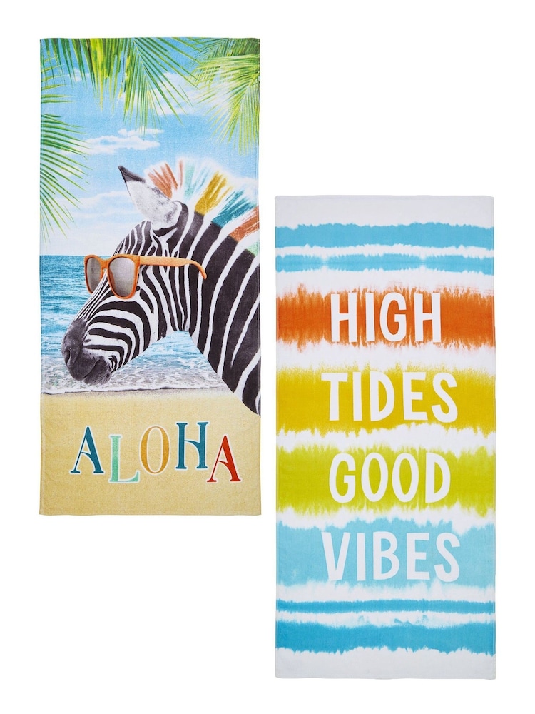 Catherine Lansfield, Vibes Aloha Zebra, Strandtücher im 2er-Pack in Knüpfbatik, 100 % Baumwolle - Bild 2 von 2 Catherine Lansfield, Vibes Aloha Zebra, Strandtücher im 2er-Pack in Knüpfbatik, 100 % Baumwolle - Bild 2 von 2