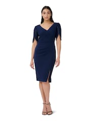 Adrianna Papell Blue Knit Crepe Pearl Trim Dress - Image 1 of 6