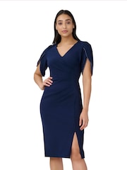 Adrianna Papell Blue Knit Crepe Pearl Trim Dress - Image 3 of 6