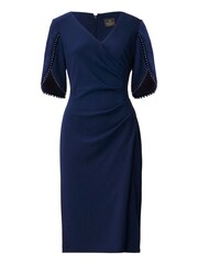 Adrianna Papell Blue Knit Crepe Pearl Trim Dress - Image 4 of 6