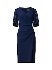 Adrianna Papell Blue Knit Crepe Pearl Trim Dress - Image 6 of 6