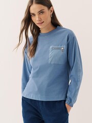 Blue Utility Pocket Detail Long Sleeve Dropped Shoulder Sweatshirt - Image 1 of 6