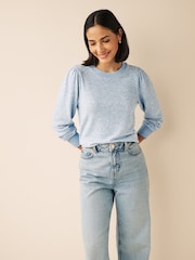 Blue Cosy Lightweight Soft Touch Sleeve Detail Crew Neck Jumper - Image 1 of 6