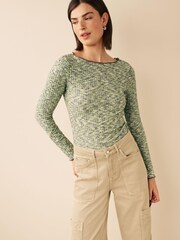 Green Spacedye Cosy Soft Touch Ribbed Lettuce Edge Hem Long Sleeve Top - Image 1 of 3