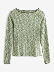Green Spacedye Cosy Soft Touch Ribbed Lettuce Edge Hem Long Sleeve Top - Image 2 of 3