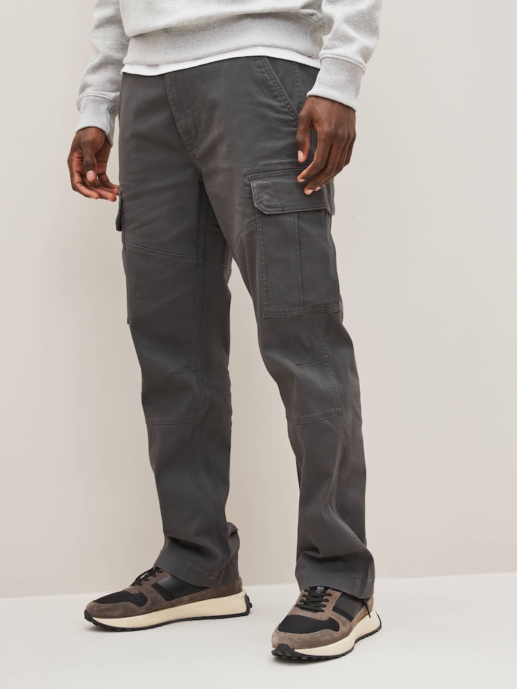 Grey Charcoal Straight Fit Cotton Stretch Cargo Trousers - Image 1 of 9
