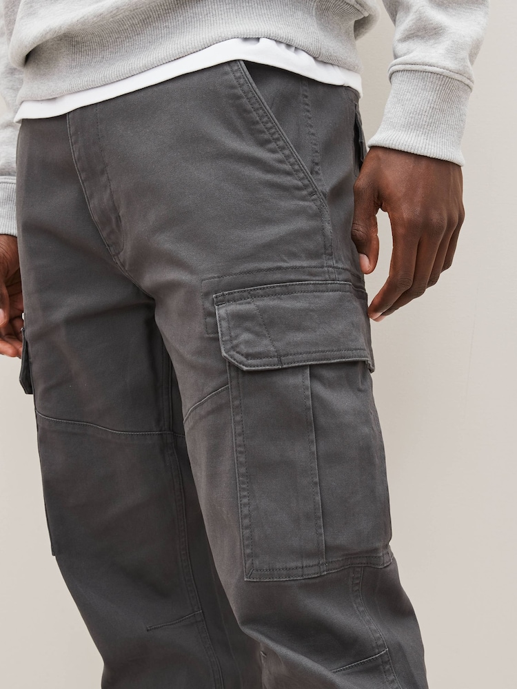 Grey Charcoal Straight Fit Cotton Stretch Cargo Trousers - Image 4 of 9