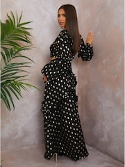 Chi Chi London Black Petite Long Sleeve Ruffle Detail Foil Spot Detail Maxi Dress - Image 2 of 3
