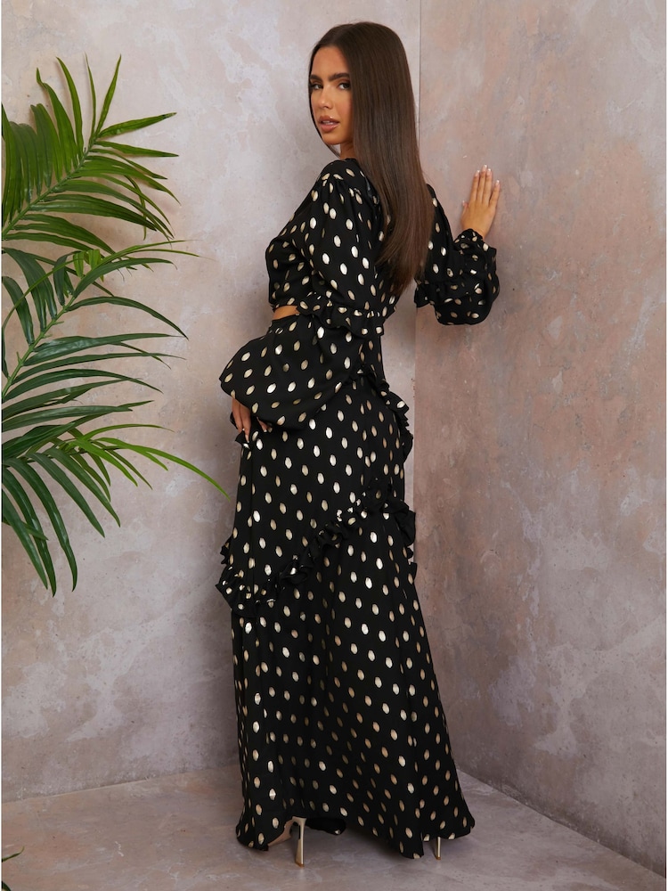 Chi Chi London Black Petite Long Sleeve Ruffle Detail Foil Spot Detail Maxi Dress - Image 2 of 3