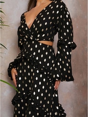 Chi Chi London Black Petite Long Sleeve Ruffle Detail Foil Spot Detail Maxi Dress - Image 3 of 3