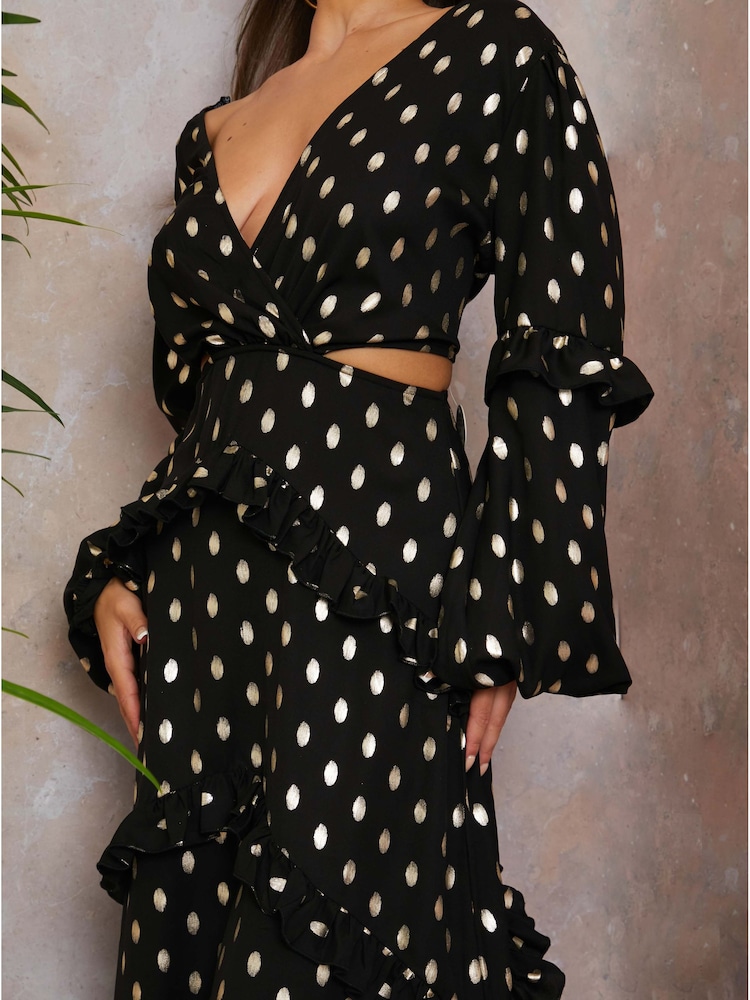 Chi Chi London Black Petite Long Sleeve Ruffle Detail Foil Spot Detail Maxi Dress - Image 3 of 3