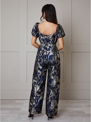 Chi Chi London Blue Petite Puff Sleeve Jacquard Wide Leg Jumpsuit - Image 2 of 3