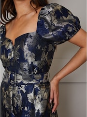 Chi Chi London Blue Petite Puff Sleeve Jacquard Wide Leg Jumpsuit - Image 3 of 3