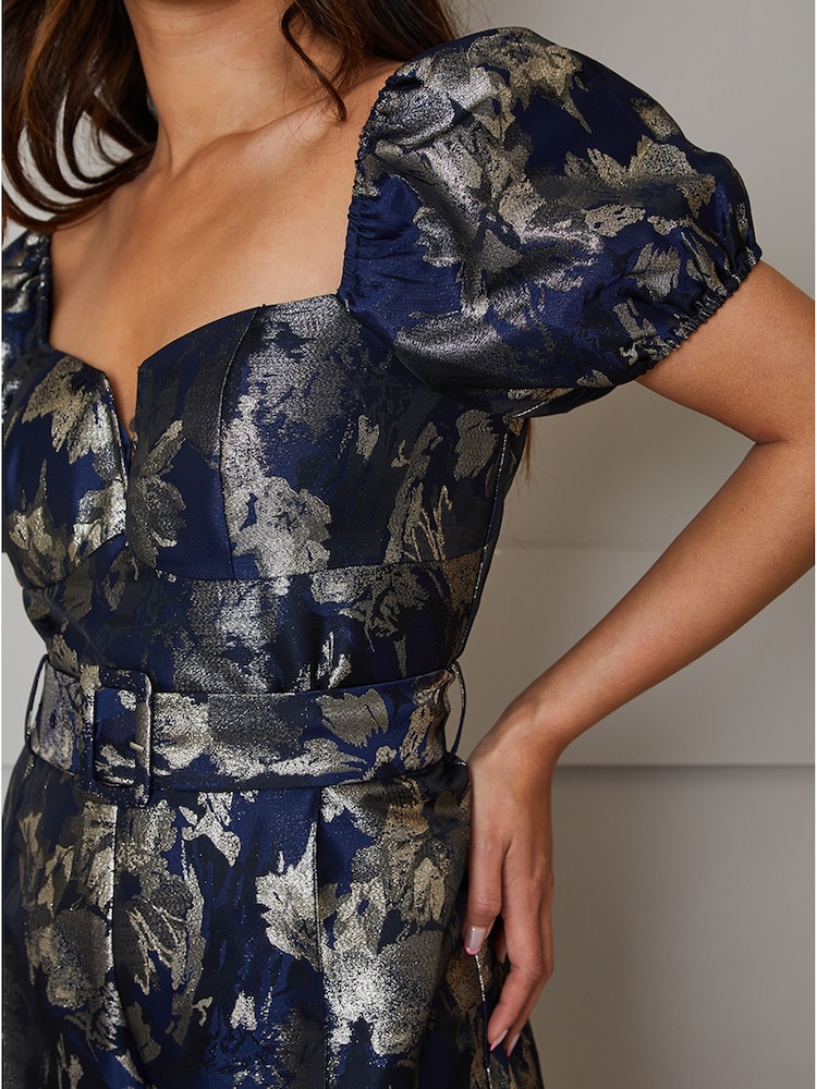 Chi Chi London Blue Petite Puff Sleeve Jacquard Wide Leg Jumpsuit - Image 3 of 3